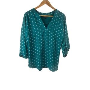 Fortune + Ivy S Teal Daisy Print Mixed Media Blouse Roll Tab Sleeves Back Pleat